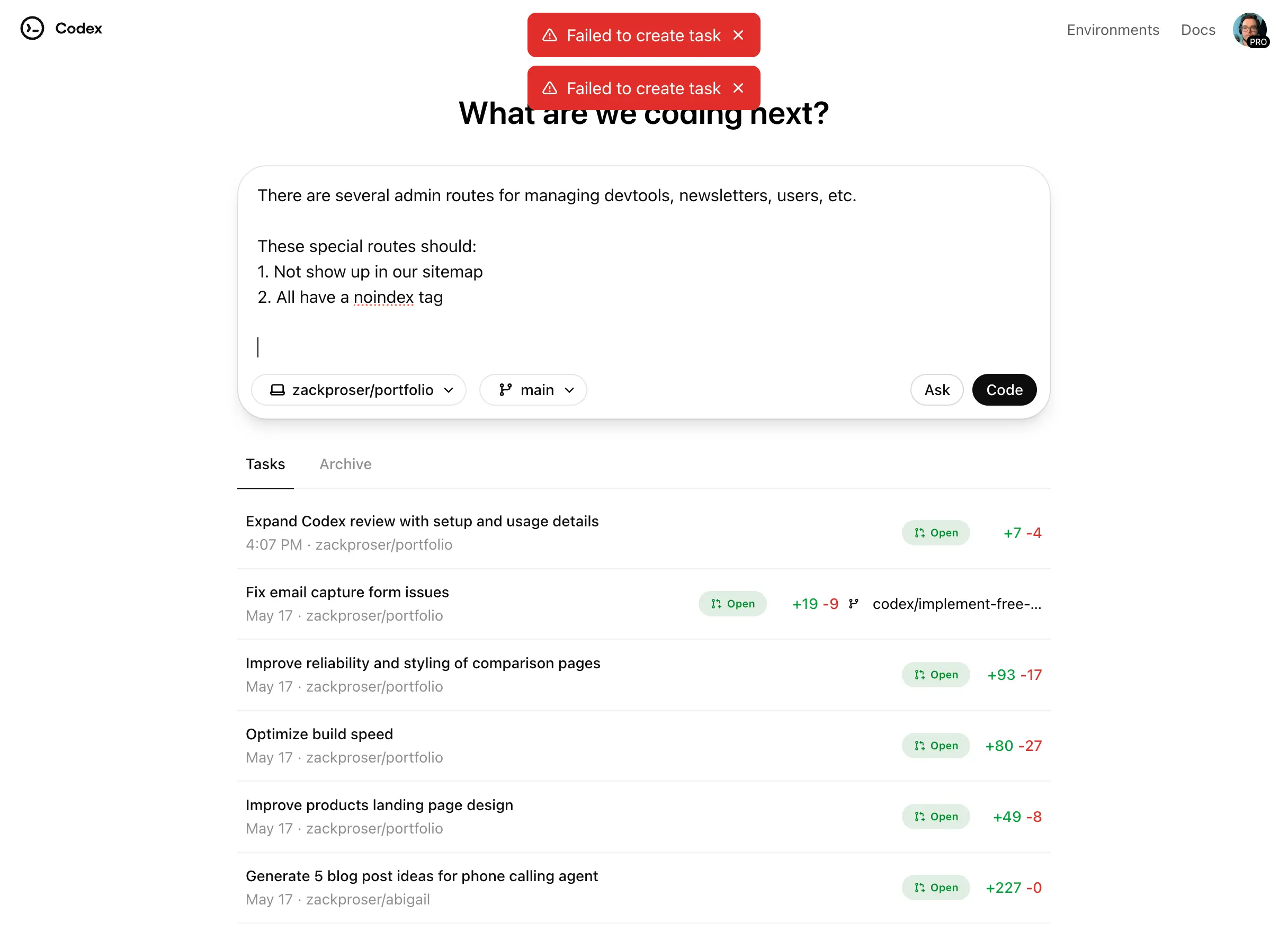 Codex currently shows evidence of poor or incomplete error handling