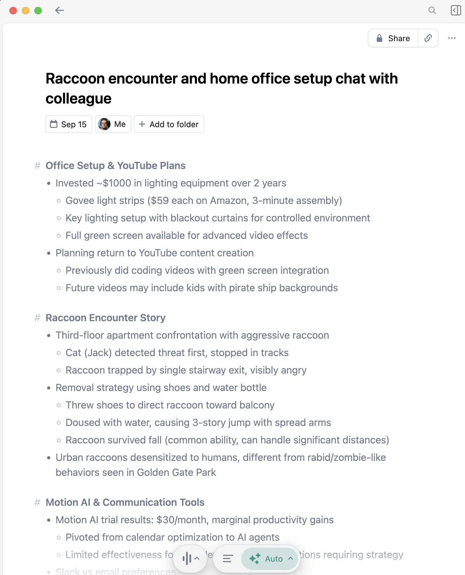 Granola meeting example showing transcription and action items